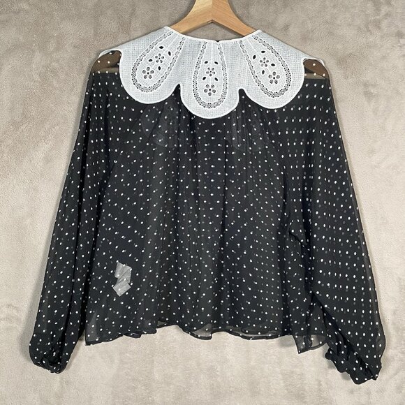 Zara Polka Dot Sheer Blouse S Oversized Peter Pan Claudine Collar Tie Neck Bow - Picture 10 of 16